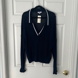 Black V-Neck Sweater with White Trim